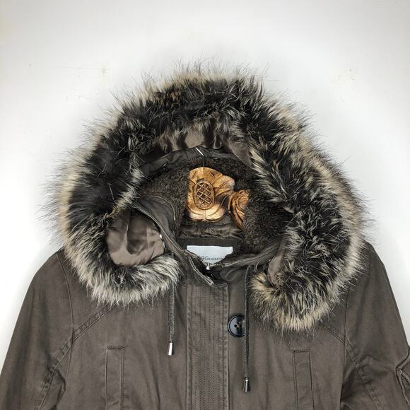 BCBGeneration Jacket Utility Parka Mocha Waist Cinch Faux Fur Hood Medium - Picture 4 of 12
